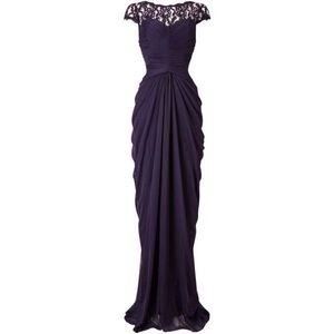 Adrianna Papell || Lace Illusion Bodice Draped Skirt Eggplant Purple 14